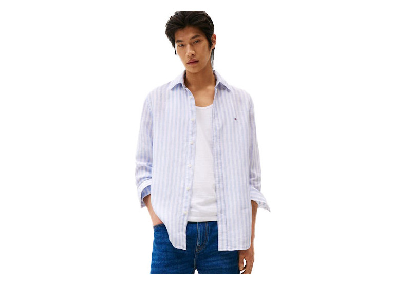 Tommy Hilfiger regular fit gestreept linnen overhemd breezy blue/optic white heren