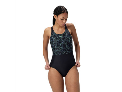 Speedo Hyperboom placement muscleback badpak zwart/groen dames Speedo Hyperboom placement muscleback badpak zwart/groen dames