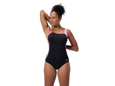 Speedo Shaping printed lunalustre badpak zwart/roze dames Speedo Shaping printed lunalustre badpak zwart/roze dames